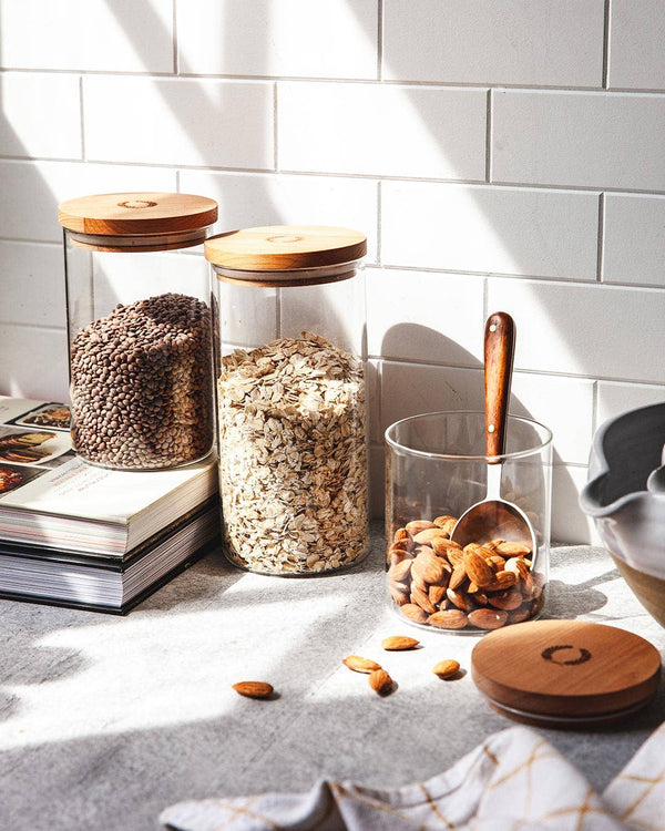 Airtight Glass Storage Canister with Beechwood Lid for Kitchen or Bathroom - Little Flower Soap Co