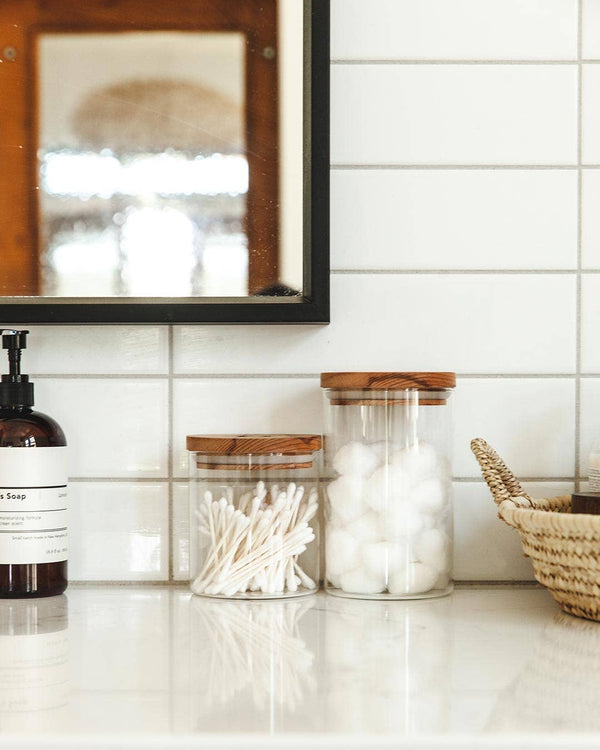 Airtight Glass Storage Canister with Beechwood Lid for Kitchen or Bathroom - Little Flower Soap Co