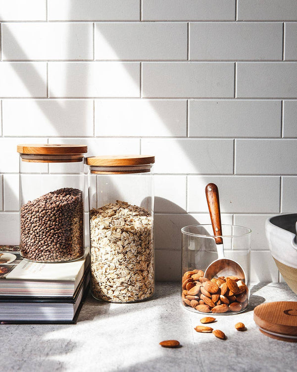 Airtight Glass Storage Canister with Beechwood Lid for Kitchen or Bathroom - Little Flower Soap Co