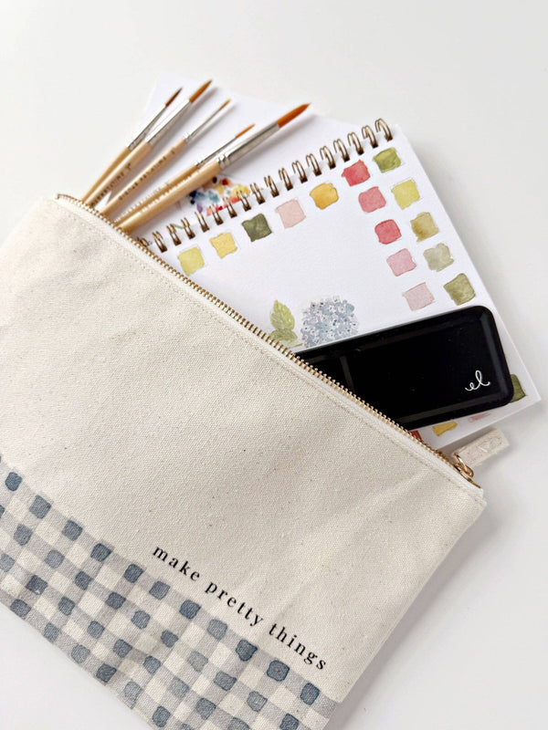 Gingham Canvas Zipper Pouch - "Make Pretty Things" - Little Flower Soap Coart giftsart suppliesartistart supplies