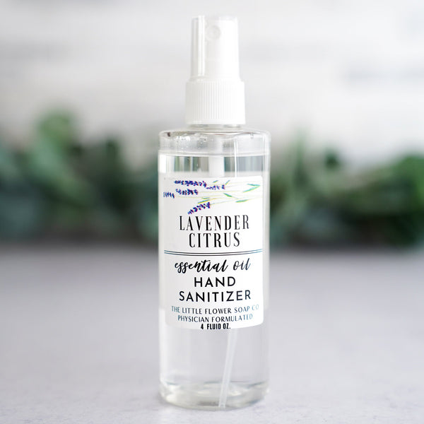 4oz Lavender Citrus Hand Sanitizer Spray. Handmade natural sanitizer with lavender and citrus essential oils in clear bottle.
