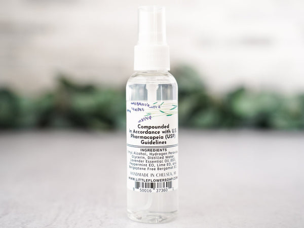 Hand Sanitizer Spray 2oz lavender ctirus back label ingredients essential oil only natural 80% alcohol with glycerine by the  Little Flower Soap Co