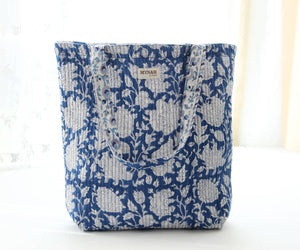 Quilted Tote - Reversible Indigo floral bag - Little Flower Soap Cobagblock printfloralbag