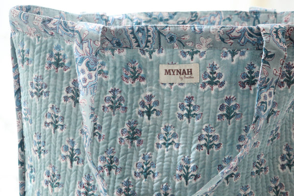 Reversible Quilted Tote Bag - Teal Paisley & Blue Thistle Print | Laptop Tote - Little Flower Soap Coblock-printgifthandcrafted