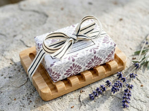 lavender lemongrass handmade bar soap gift set on a waterfall bamboo soap dish with ribbon