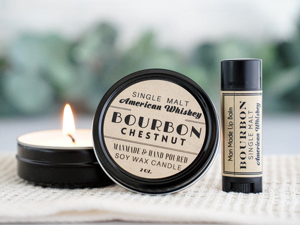 Unique & Funny Gifts for Men - Bourbon Candle and Lip Balm - Little Flower Soap Co